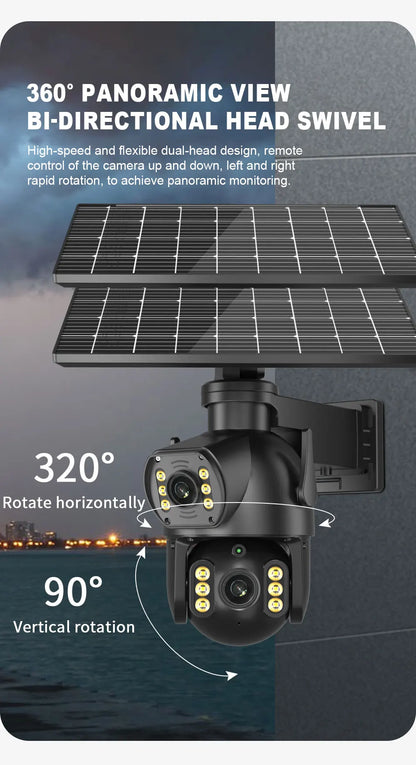 CON PANNELLO SOLARE-8MP 4K PTZ Fotocamera solare all'aperto 4G Scheda SIM Doppia lente Fotocamera a doppio schermo PIR Rilevamento del corpo umano Built-in sicurezza della durata della batteria