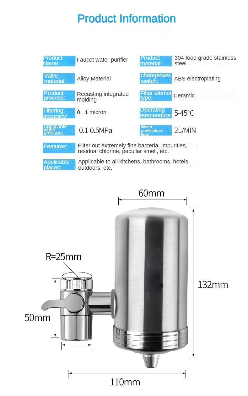 Purificatore per rubinetto dell'acqua potabile da 0,1 μm a 7 strati, filtro per rubinetto ecologico, cartuccia in acciaio inossidabile, carbone attivo ceramico KDF, casa e cucina