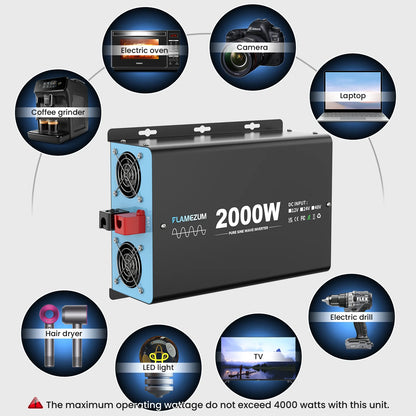 Convertitore voltmetro per auto LCD con presa UE da 2000 W, potenza continua, onda sinusoidale pura, potenza di picco, 4000 W CC 12 V a CA 230 V 50 Hz