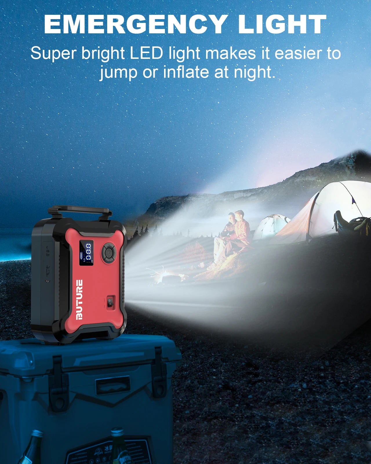 Compressore d'aria Buture 5 in 1 per auto con avviamento di emergenza, power bank da 26800 mAh, batteria portatile, gonfiatore digitale per pneumatici con uscita CC da 160 W