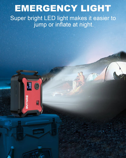 Compressore d'aria Buture 5 in 1 per auto con avviamento di emergenza, power bank da 26800 mAh, batteria portatile, gonfiatore digitale per pneumatici con uscita CC da 160 W