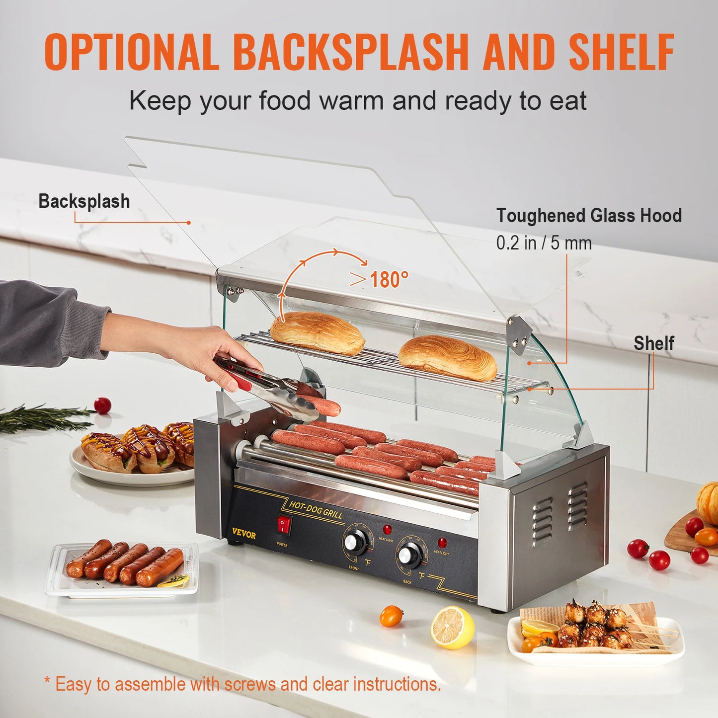 VEVOR Hot Dog Roller 5Rollers 12 Hot Dogs Capacity 750W Stainless Sausage Grill Cooker Machine with Dual Temp Control Glass Hood