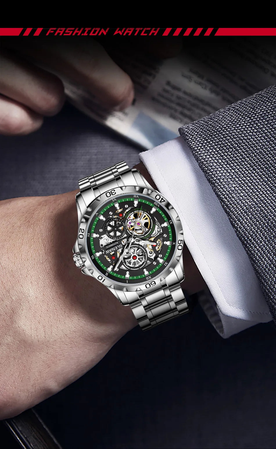 GLENAW Steampunk Skeleton Men’s Watch Ring di lusso automatico meccanico Luminous impermeabile in acciaio inossidabile cinturino orologio