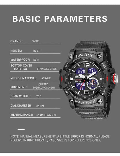 SMAEL  Sport Watch Orologio da polso militare per gli uomini Allarme cronometro LED digitale luce posteriore Dual Time Display impermeabile Watch Men 8007