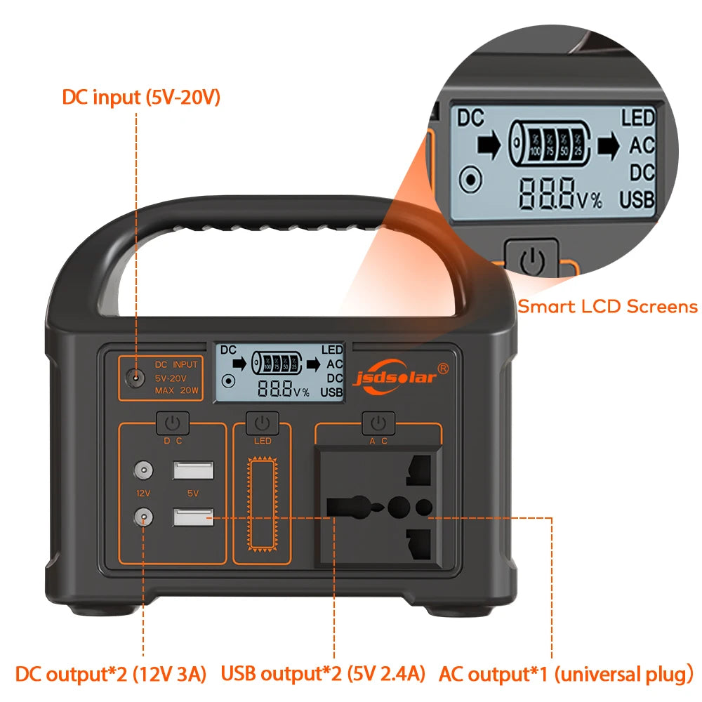 jsdsolar 100W 300W 500W Portable Power Station Pure Sine Wave Solar Generator 110V/220V UPS Camping Charging Station Power Bank