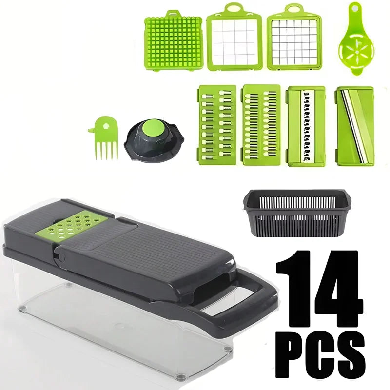 Tritaverdure multifunzionale 14 in 1, tritacipolle, manico, griglia per alimenti, tritatutto, affettaverdure da cucina, taglio a cubetti