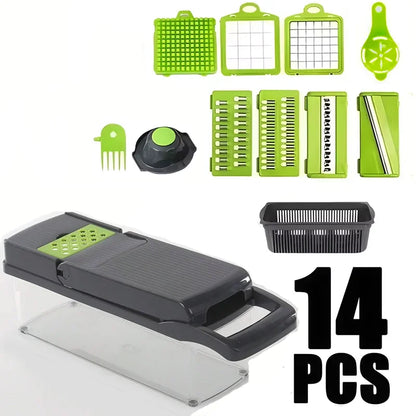 Tritaverdure multifunzionale 14 in 1, tritacipolle, manico, griglia per alimenti, tritatutto, affettaverdure da cucina, taglio a cubetti