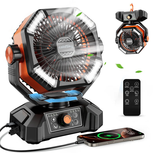 coldSky 20000mAh Batteria Camping Fan con 4 LED Lanterna 8 velocità Ventilatore da tavolo portatile all'aperto per tenda Interruzioni di corrente Jobsite