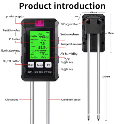 6 in 1 Soil Detector Soil Tester pH Temperature Humidity Sunlight Air Moisture Nutrient Fertility Meter Gardening Tool