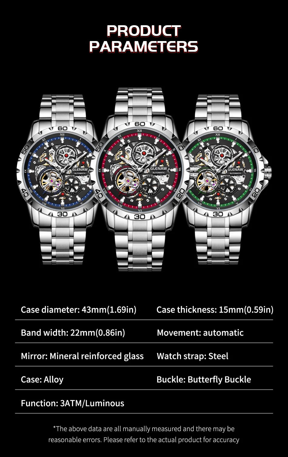 GLENAW Steampunk Skeleton Men’s Watch Ring di lusso automatico meccanico Luminous impermeabile in acciaio inossidabile cinturino orologio