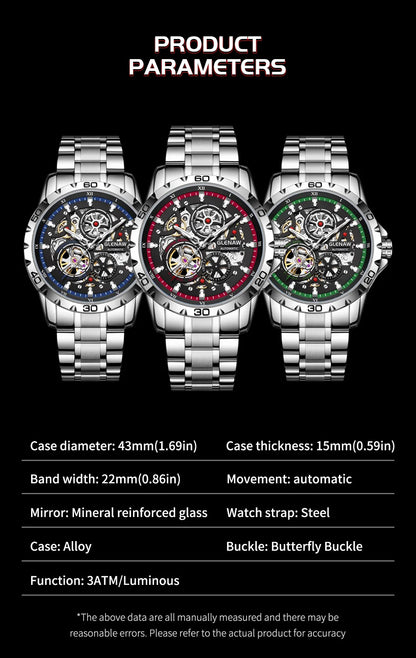 GLENAW Steampunk Skeleton Men’s Watch Ring di lusso automatico meccanico Luminous impermeabile in acciaio inossidabile cinturino orologio
