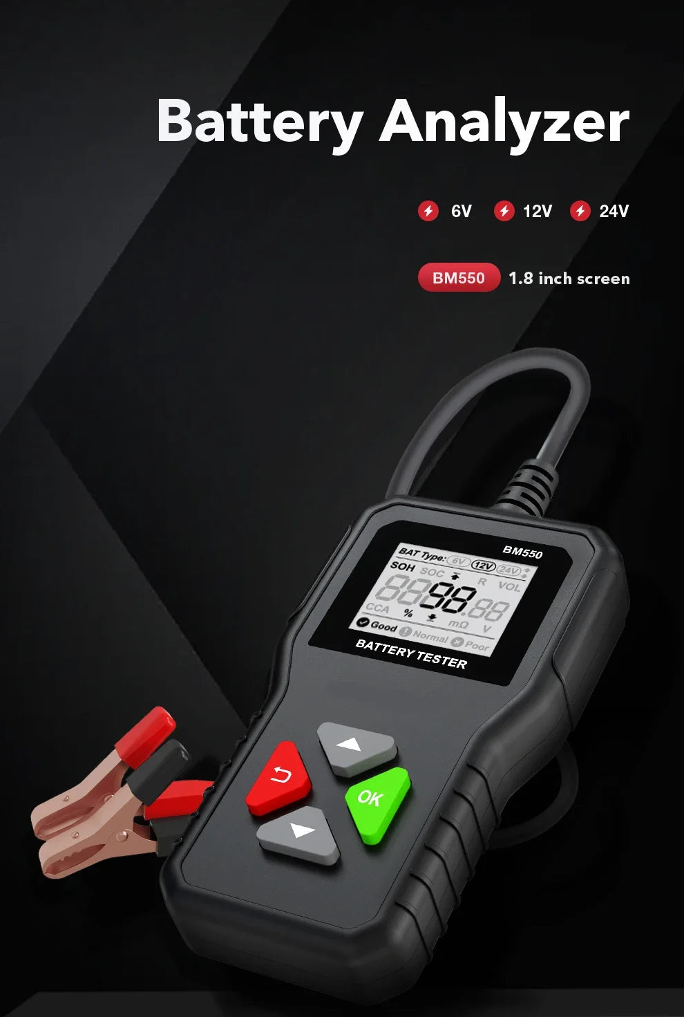 Tester per batterie 24V 6V 12V BM550 100-2000 Analizzatore di test CCA Strumento diagnostico Rilevatore Accessori per auto Moto Rimorchio per camion