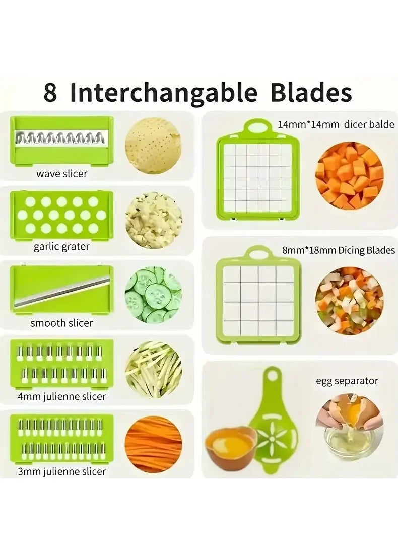 Tritaverdure multifunzionale 14 in 1, tritacipolle, manico, griglia per alimenti, tritatutto, affettaverdure da cucina, taglio a cubetti