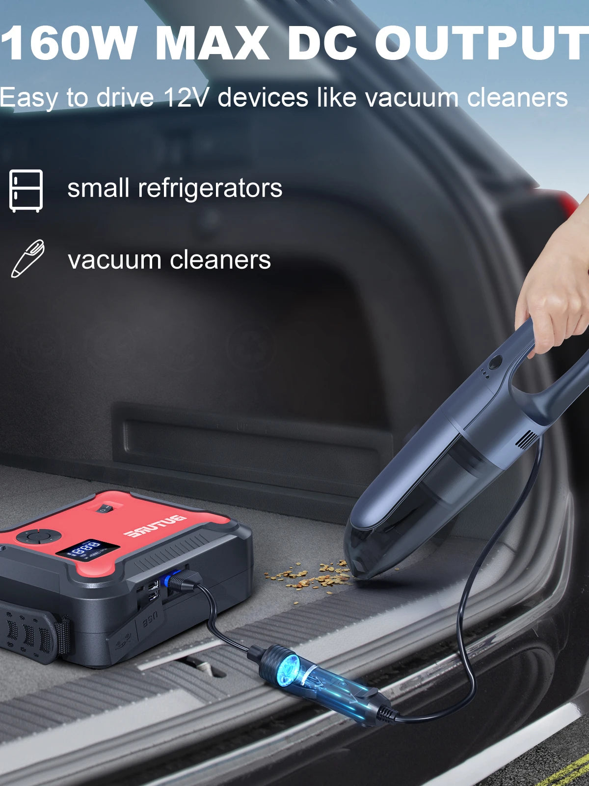 Compressore d'aria Buture 5 in 1 per auto con avviamento di emergenza, power bank da 26800 mAh, batteria portatile, gonfiatore digitale per pneumatici con uscita CC da 160 W
