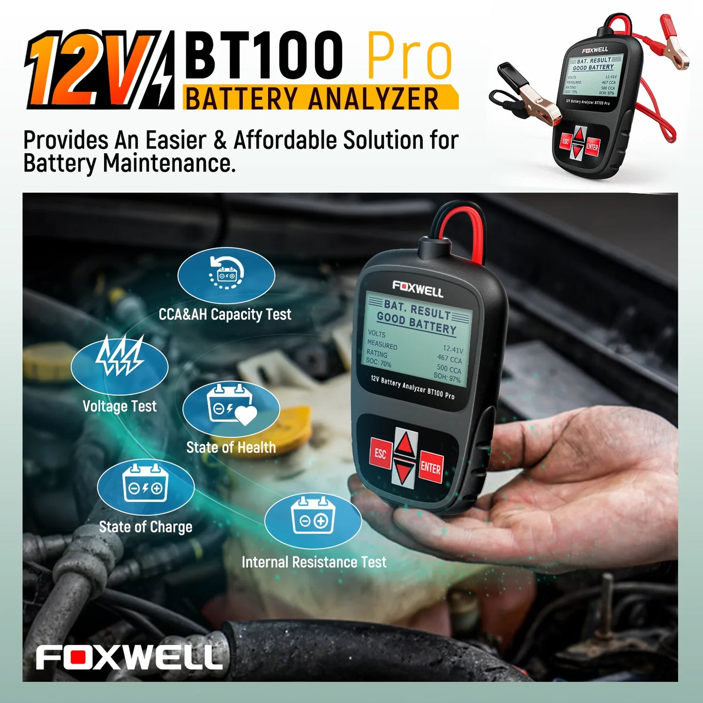 -TESTER PER VERIFICARE LO STATO DELLA BATTERIA AUTO-FOXWELL BT100 PRO 12V 100-1100 CCA Strumento diagnostico per il controllo della batteria
