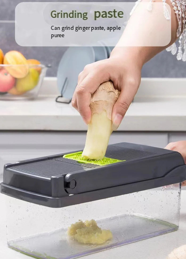 Tritaverdure multifunzionale 14 in 1, tritacipolle, manico, griglia per alimenti, tritatutto, affettaverdure da cucina, taglio a cubetti