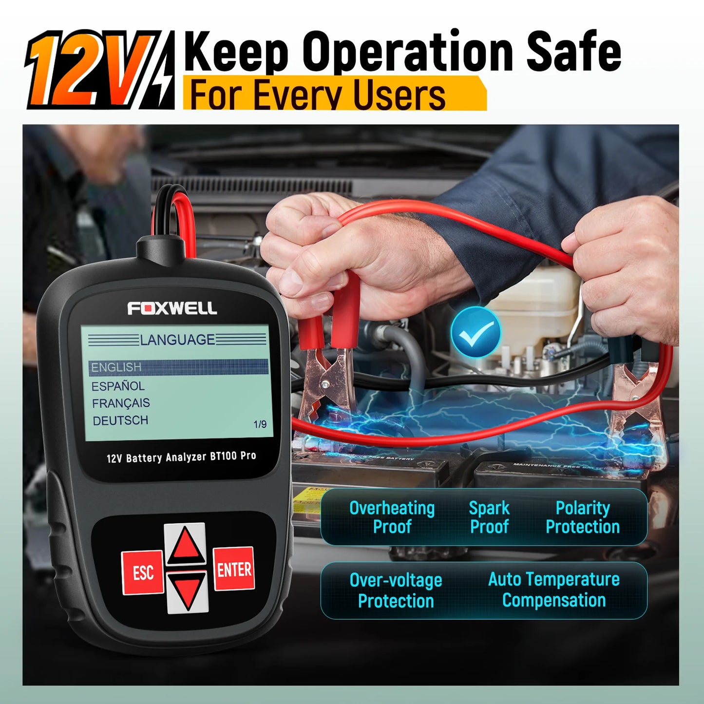 -TESTER PER VERIFICARE LO STATO DELLA BATTERIA AUTO-FOXWELL BT100 PRO 12V 100-1100 CCA Strumento diagnostico per il controllo della batteria