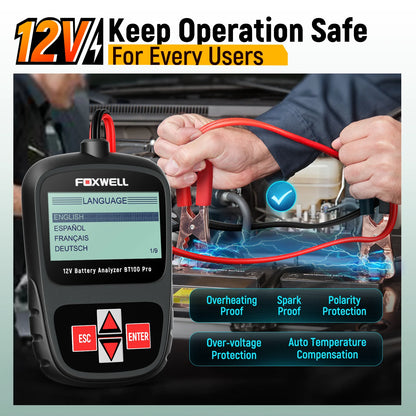 -TESTER PER VERIFICARE LO STATO DELLA BATTERIA AUTO-FOXWELL BT100 PRO 12V 100-1100 CCA Strumento diagnostico per il controllo della batteria