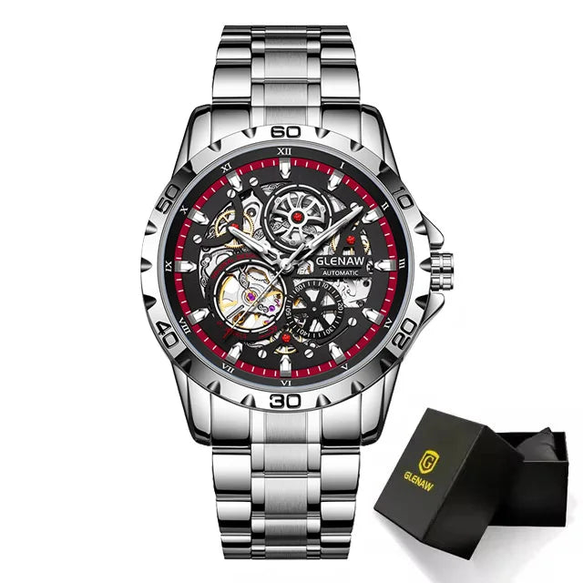 GLENAW Steampunk Skeleton Men’s Watch Ring di lusso automatico meccanico Luminous impermeabile in acciaio inossidabile cinturino orologio