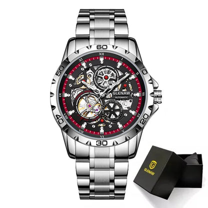 GLENAW Steampunk Skeleton Men’s Watch Ring di lusso automatico meccanico Luminous impermeabile in acciaio inossidabile cinturino orologio