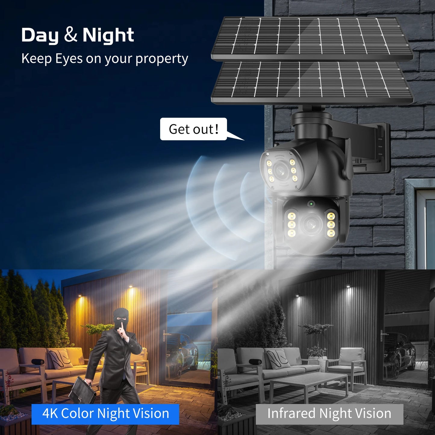 CON PANNELLO SOLARE-8MP 4K PTZ Fotocamera solare all'aperto 4G Scheda SIM Doppia lente Fotocamera a doppio schermo PIR Rilevamento del corpo umano Built-in sicurezza della durata della batteria