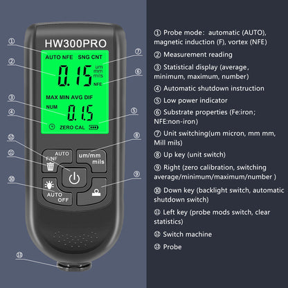 Calibro di spessore per auto Digital Backlight LCD Meter Car Thickness Paint Coating Metro Strumento di misura in metallo 0-2000um HW-300PRO