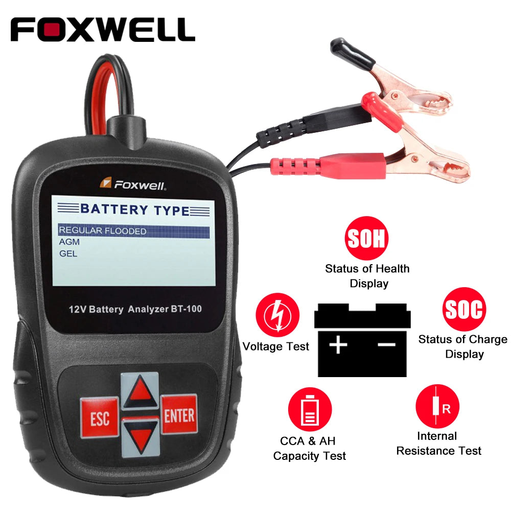 -TESTER PER VERIFICARE LO STATO DELLA BATTERIA AUTO-FOXWELL BT100 PRO 12V 100-1100 CCA Strumento diagnostico per il controllo della batteria