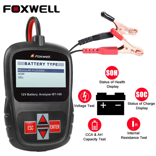 -TESTER PER VERIFICARE LO STATO DELLA BATTERIA AUTO-FOXWELL BT100 PRO 12V 100-1100 CCA Strumento diagnostico per il controllo della batteria