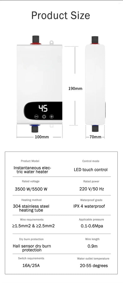 Scaldabagno istantaneo da 5,5K W, nuovo di zecca, scaldabagno istantaneo senza serbatoio, rubinetto istantaneo, rubinetto per cucina, scaldabagno LED digitale
