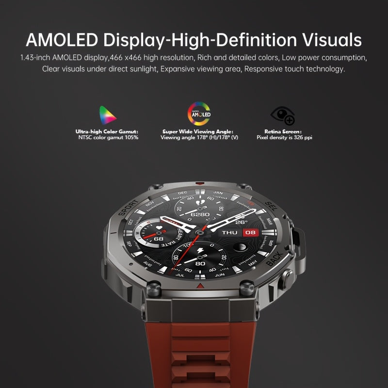 Ciberer Smart Watch Answer/Make Calls, GPS integrato, 3.63cm AMOLED Display, 5 ATM, Bussola, Altitudine, Pressione, 200+ Cloud Dials, Wireless, Ricarica USB, Lega e Silicone, Batteria al litio 500mAh, Altitude Tracker, Com