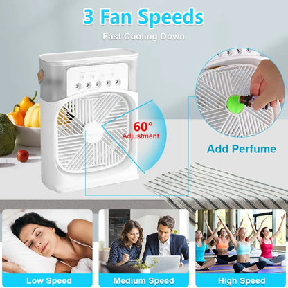 NUOVO Umidificatore portatile Ventilatore Condizionatori d'aria USB Ventilatore elettrico LED notte luce acqua nebbia divertimento 3 in 1 Umidificatore del dispositivo di raffreddamento dell'aria