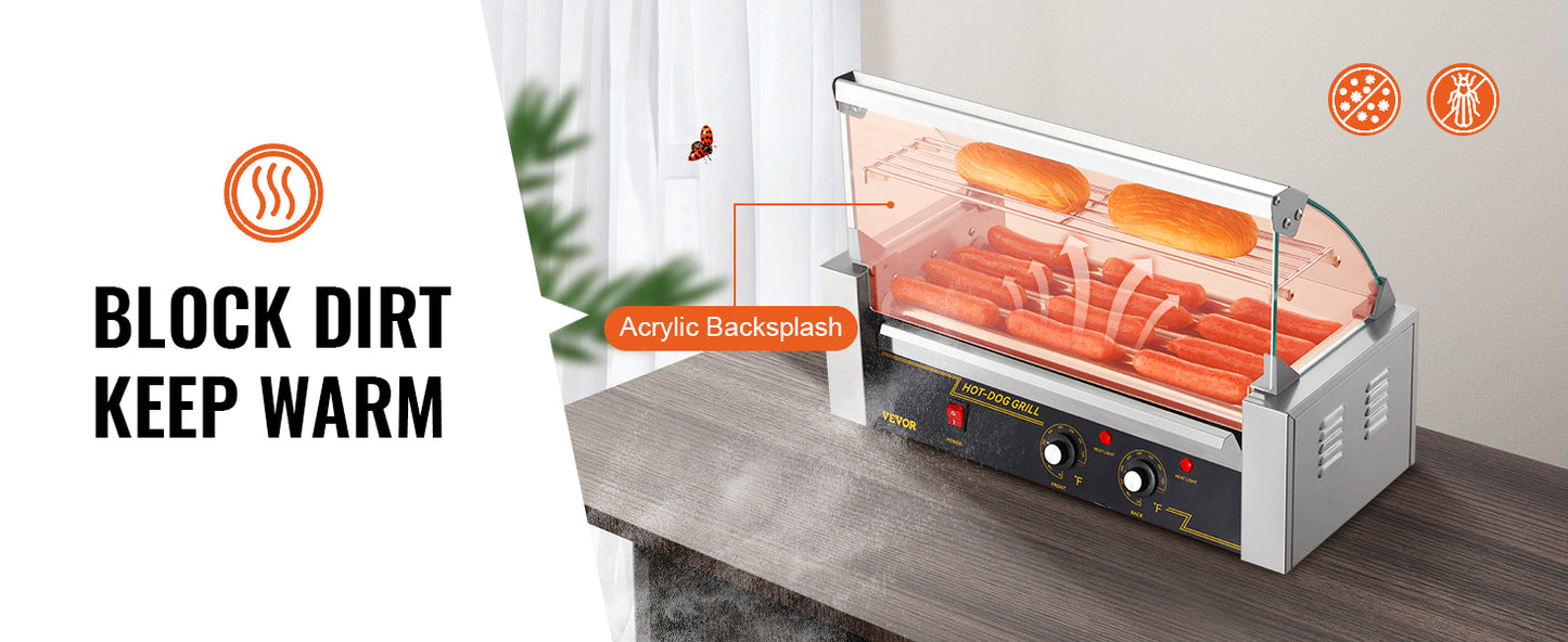 VEVOR Hot Dog Roller 5Rollers 12 Hot Dogs Capacity 750W Stainless Sausage Grill Cooker Machine with Dual Temp Control Glass Hood