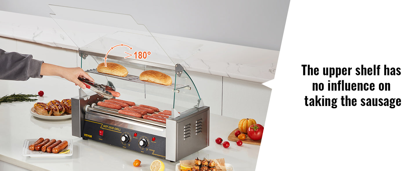 VEVOR Hot Dog Roller 5Rollers 12 Hot Dogs Capacity 750W Stainless Sausage Grill Cooker Machine with Dual Temp Control Glass Hood