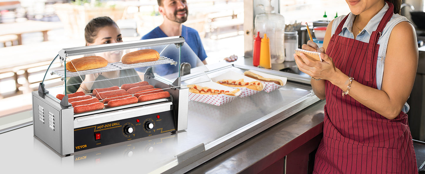 VEVOR Hot Dog Roller 5Rollers 12 Hot Dogs Capacity 750W Stainless Sausage Grill Cooker Machine with Dual Temp Control Glass Hood