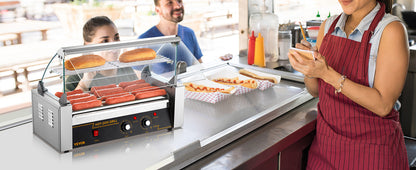 VEVOR Hot Dog Roller 5Rollers 12 Hot Dogs Capacity 750W Stainless Sausage Grill Cooker Machine with Dual Temp Control Glass Hood