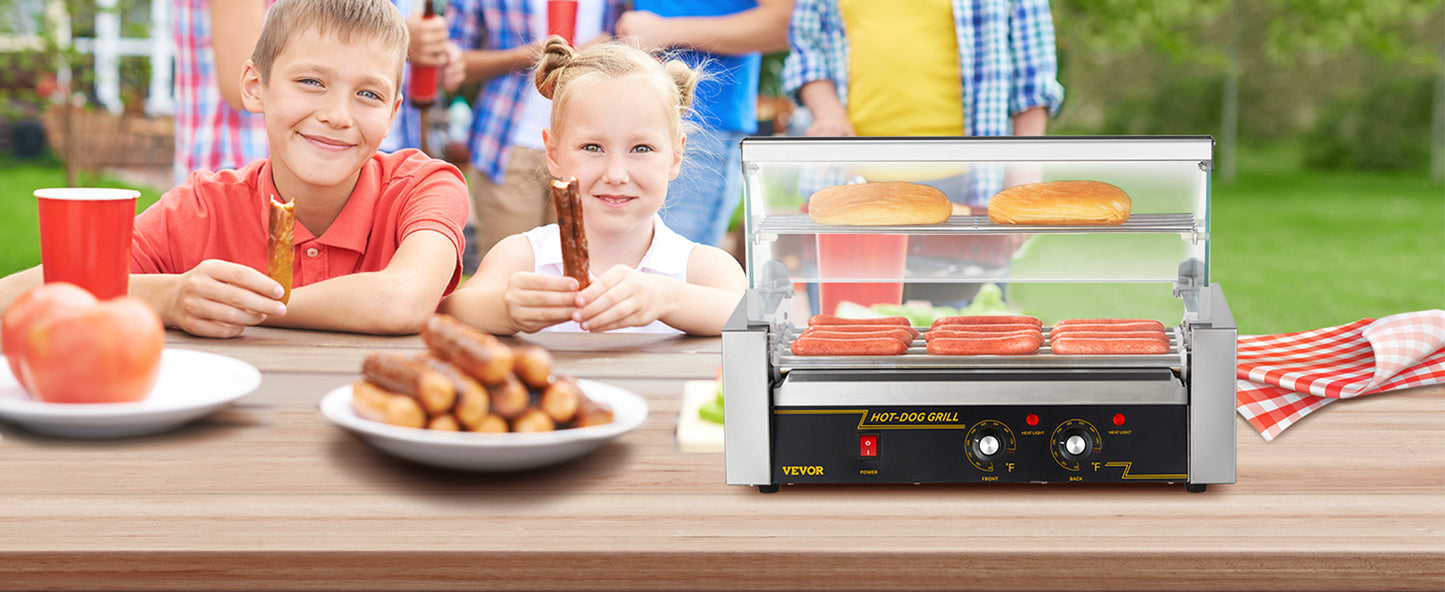 VEVOR Hot Dog Roller 5Rollers 12 Hot Dogs Capacity 750W Stainless Sausage Grill Cooker Machine with Dual Temp Control Glass Hood