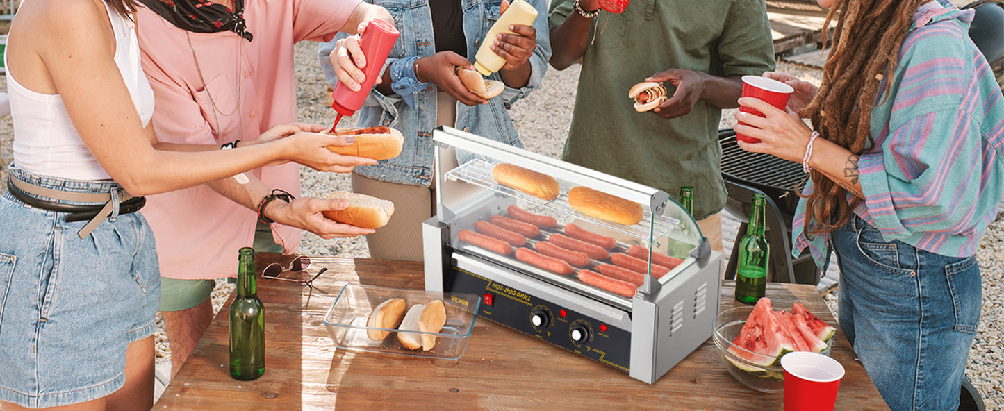 VEVOR Hot Dog Roller 5Rollers 12 Hot Dogs Capacity 750W Stainless Sausage Grill Cooker Machine with Dual Temp Control Glass Hood