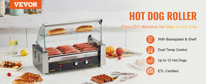 VEVOR Hot Dog Roller 5Rollers 12 Hot Dogs Capacity 750W Stainless Sausage Grill Cooker Machine with Dual Temp Control Glass Hood