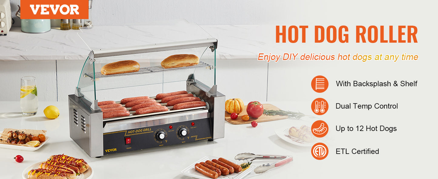 VEVOR Hot Dog Roller 5Rollers 12 Hot Dogs Capacity 750W Stainless Sausage Grill Cooker Machine with Dual Temp Control Glass Hood